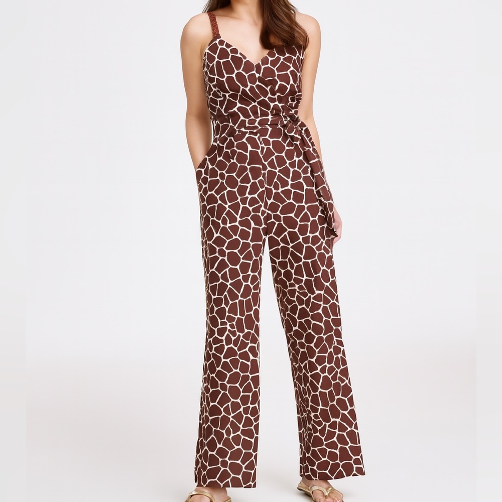 🆕 🦒 I.N.C. International Concepts Giraffe Print Linen Pockets Jumpsuit Size M